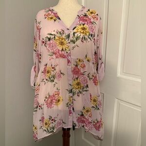 Torrid Light Pink Floral Button-Up High-Low Tunic Blouse